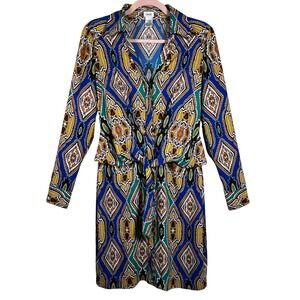 Vintage Cache Geometric Ikat Tie Front Dress Blue Green Gold 4 Retro Eclectic